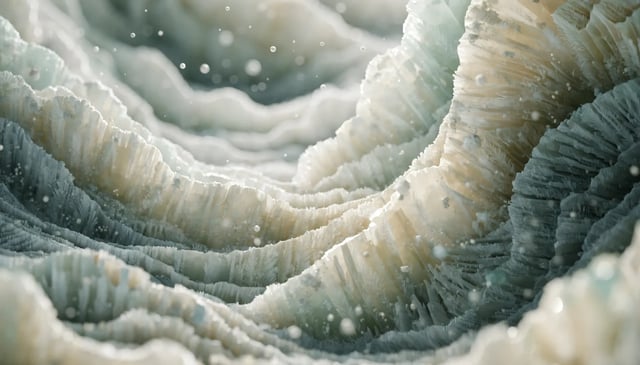 A close-up artistic rendering of hydroxyapatite, the mineral crystal that makes up tooth enamel